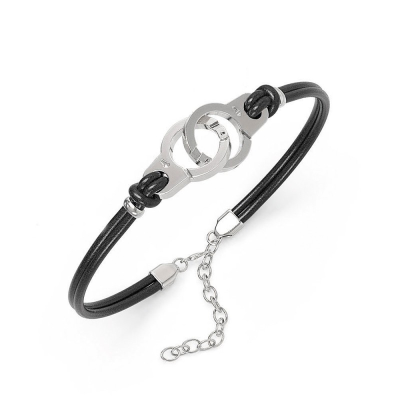 Bracelet menottes Acier et cuir de bovin noir