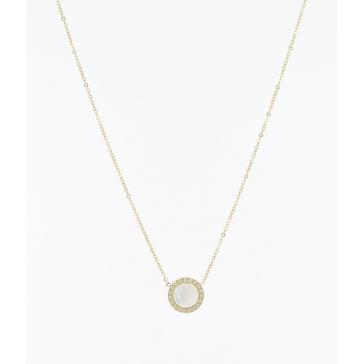 Collier Zag chaîne en acier doré à l’or fin et médailles nacre ou de bakélite noire, sertie de zirconiums. Collier Zag chaîne en acier doré à l’or fin et médailles nacre ou de bakélite noire, sertie de zirconiums.