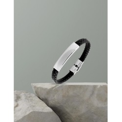 Bracelet acier CARGO cuir tressé motif rectangle